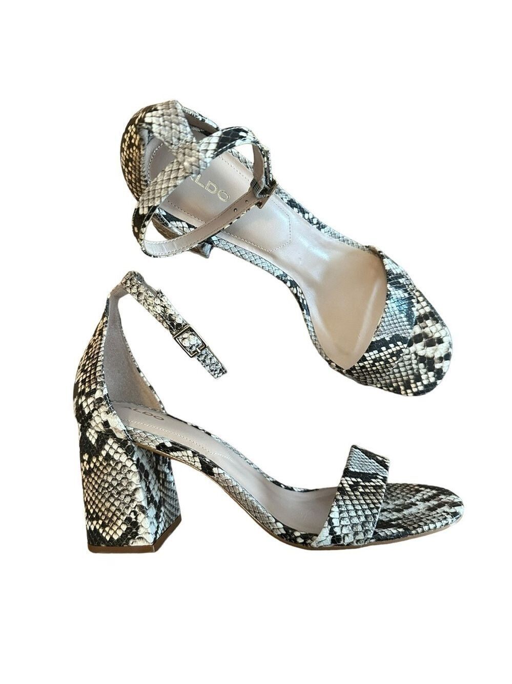 Aldo Snakeskin Asymmetric Block Heel Strappy High Heel Sandals
